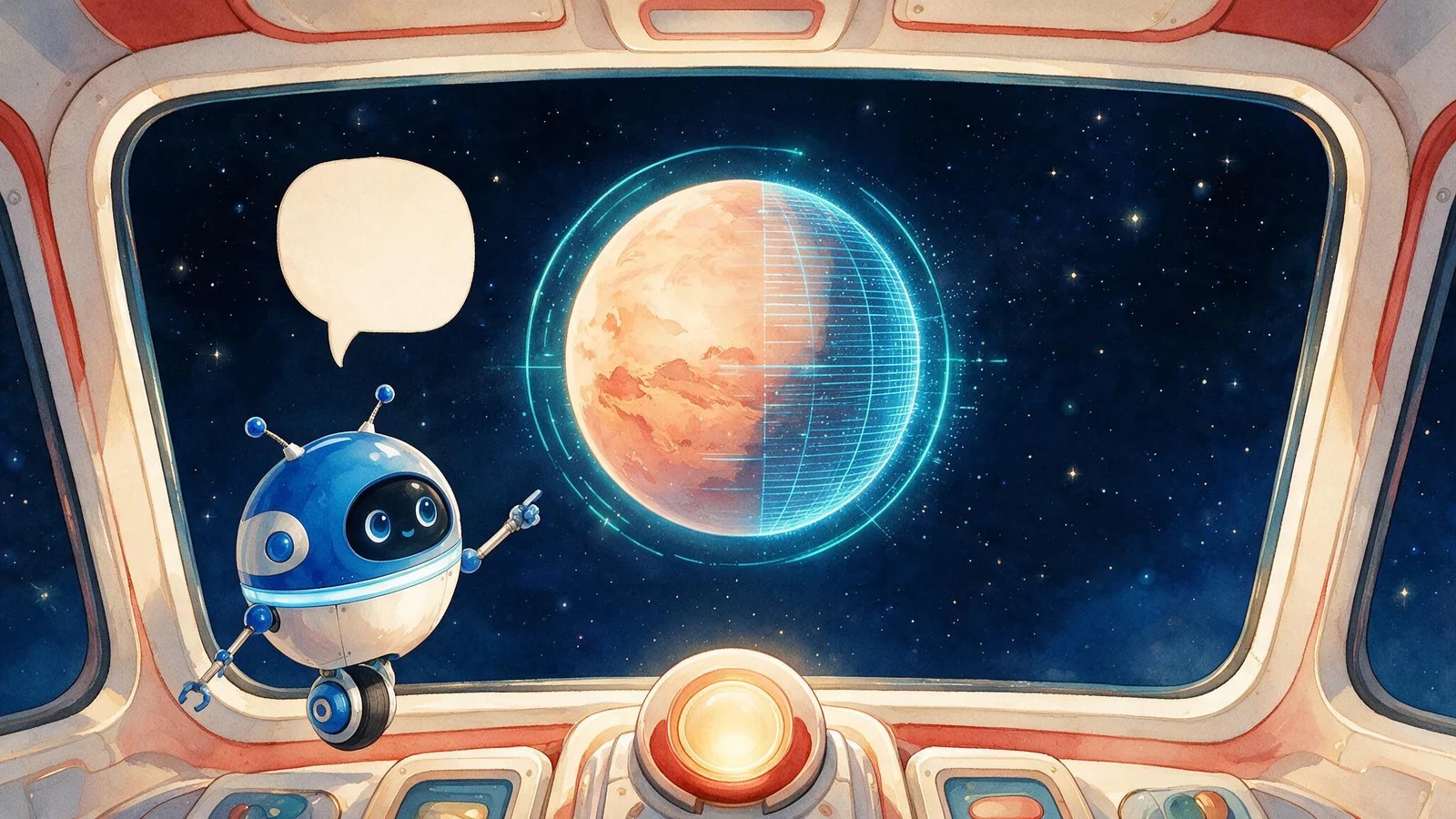 The scan act: a planet resolving from wireframe to watercolor behind the cockpit window