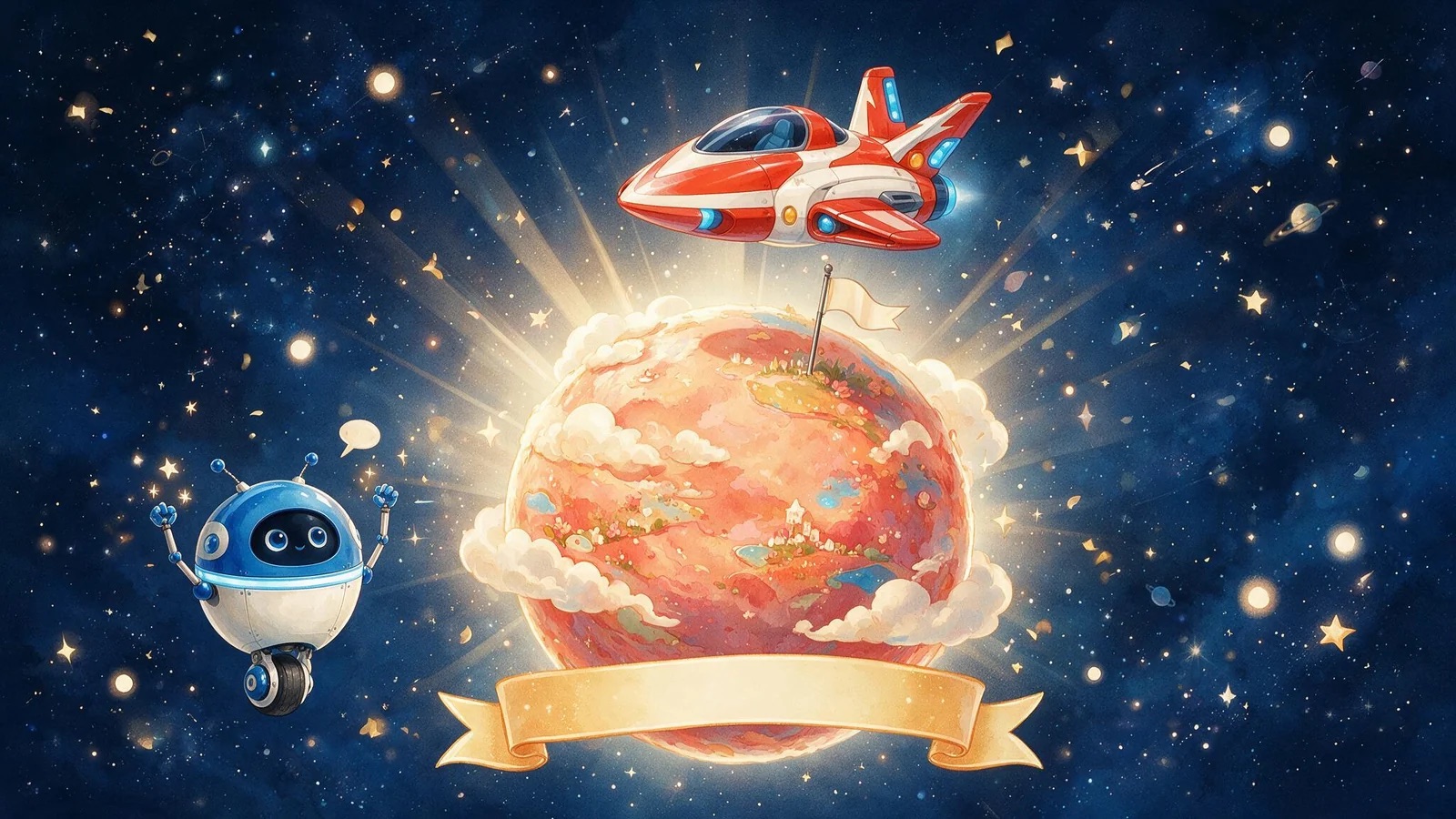 The naming ceremony: a golden ribbon unfurling around the planet with its new name lit along the arc